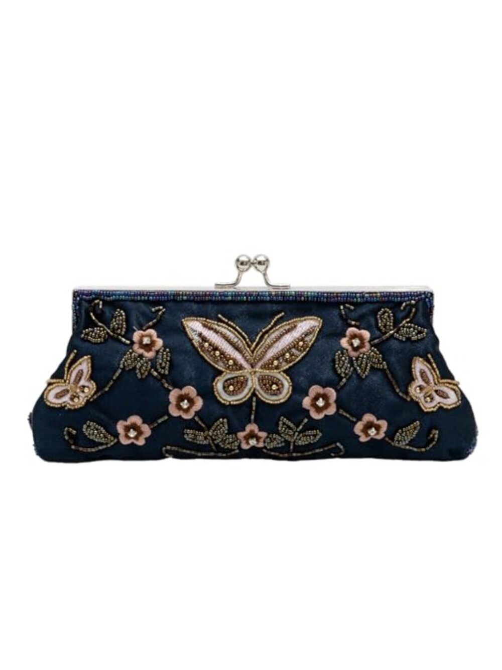Beaded Butterfly Floral Embroidered Evening Bag Kiss-Lock Clutch